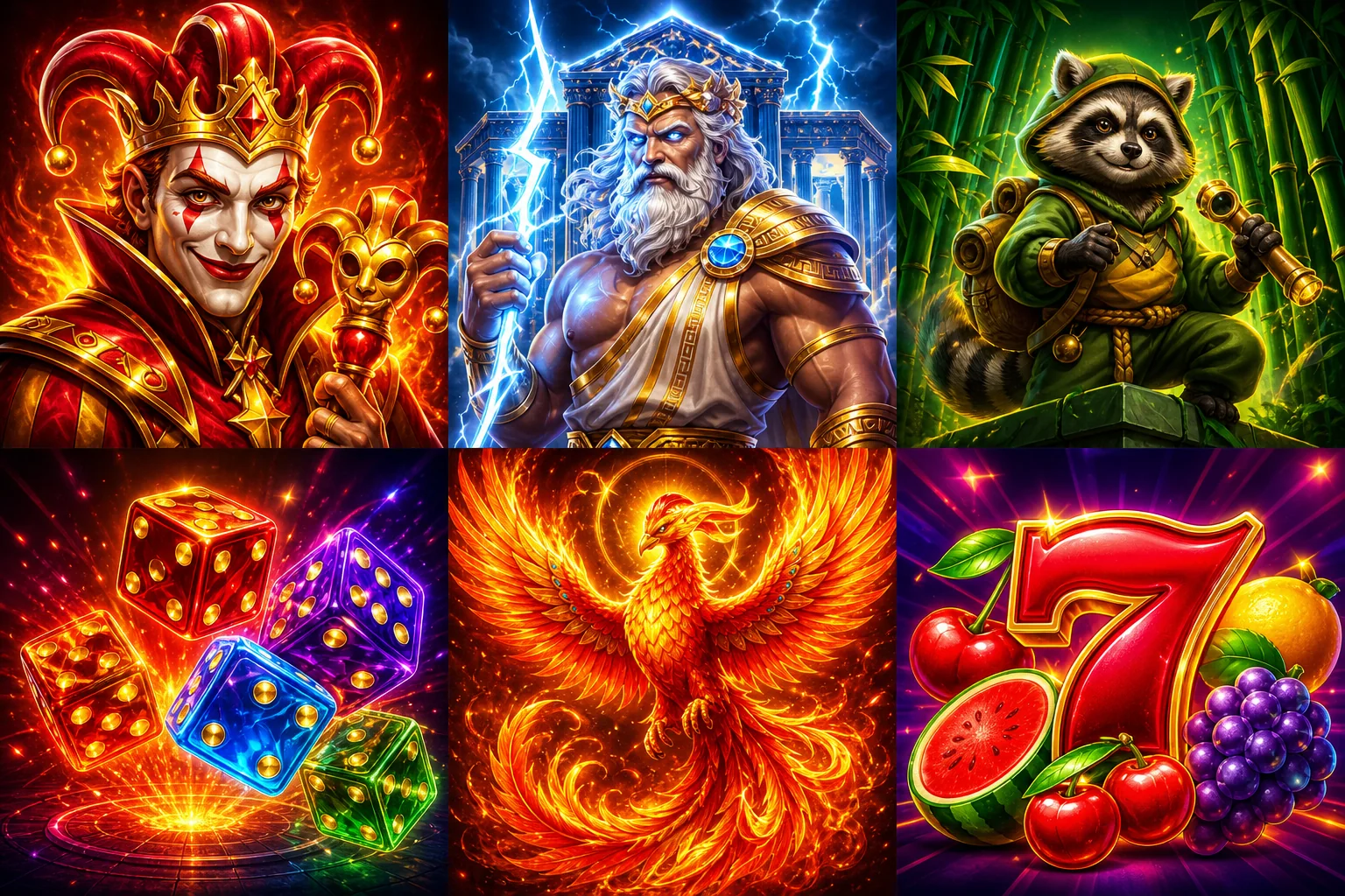 Sechs originale Slot-Motive mit Joker, Würfeln, Früchten und Phönix